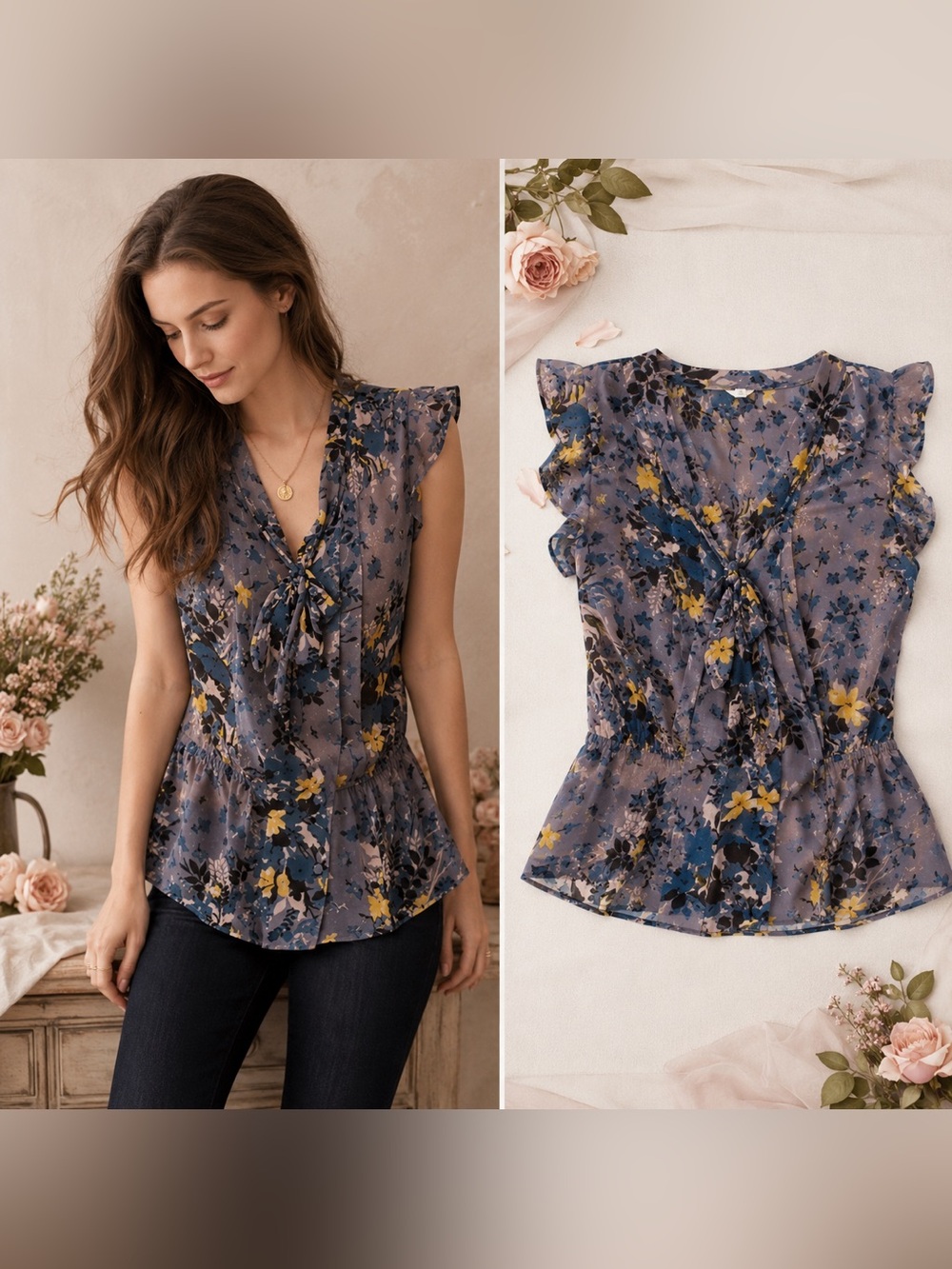 LOFT Petites Floral Ruffle Sleeve Blouse Size MP Lightweight Tie Neck